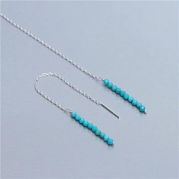 Natural Turquoise Beads Threader Earring, Gemstone Earring For Women (Turquoise) - Picture 3 of 9